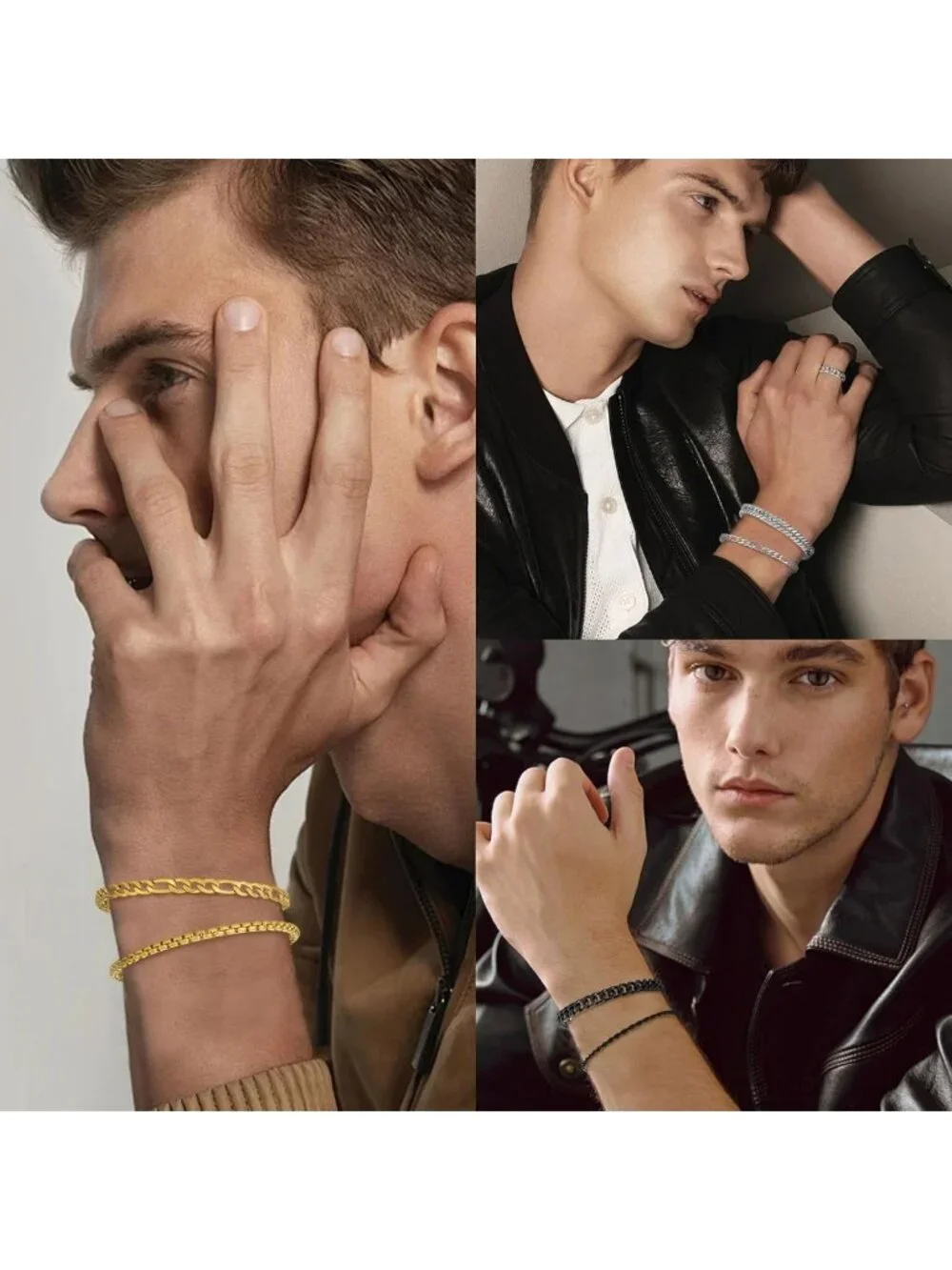Men's Stainless Steel Bracelet Set - 6pcs Cuban Link & Rope Chains, Fashion